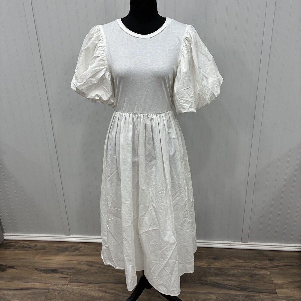 En Saison Women's M White Puff Short Sleeve Midi Dress Cotton Poplin Pockets